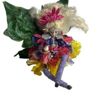 Handmade Fairy Art Doll Mixed Media Leaf Wings Glitter Fantasy Collectible
